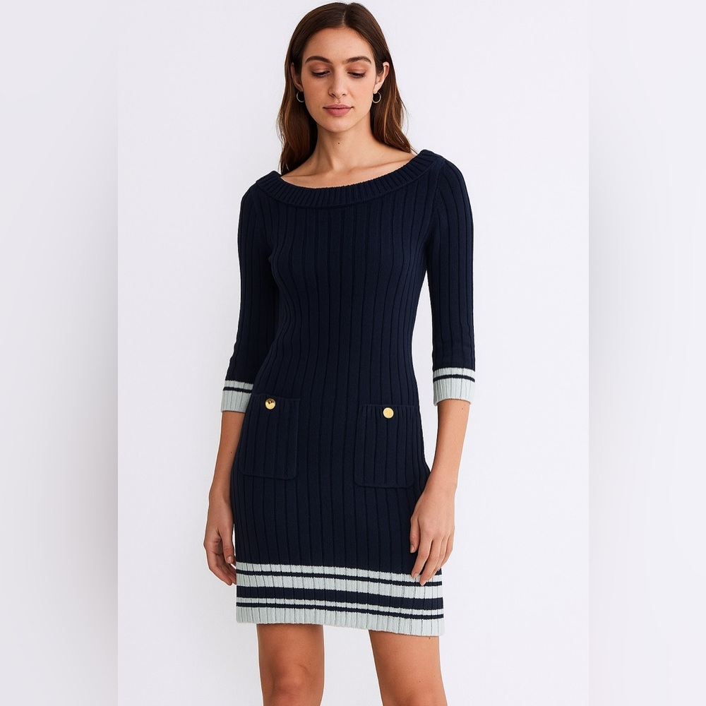 TORY BURCH designer dark blue sweater dress with gold buttons preppy sporty